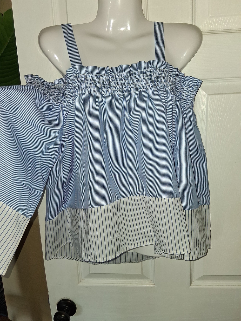 Allie Rose Blue White Striped Off Shoulder Smocked Cotton Top